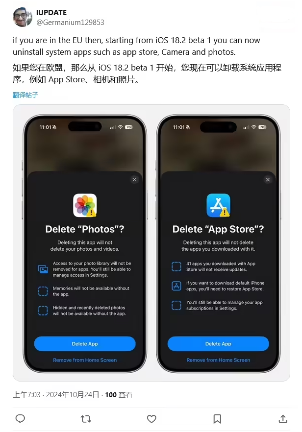 武定苹果手机维修分享iOS 18.2 支持删除 App Store 应用商店 