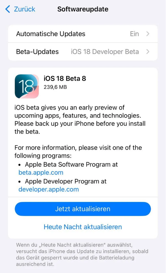 武定苹果手机维修分享苹果 iOS / iPadOS 18 开发者预览版 Beta 8 发布 